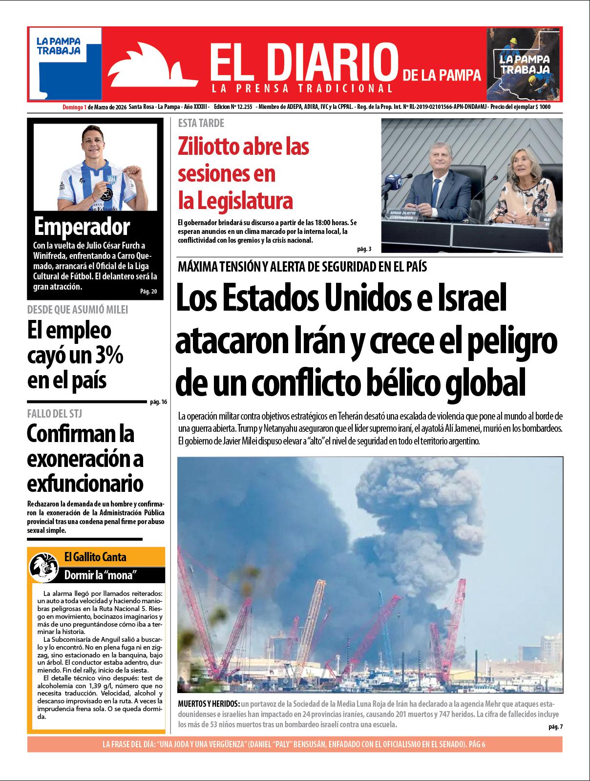 Tapa de El Diario en papel  domingo 01 de marzo de 2026